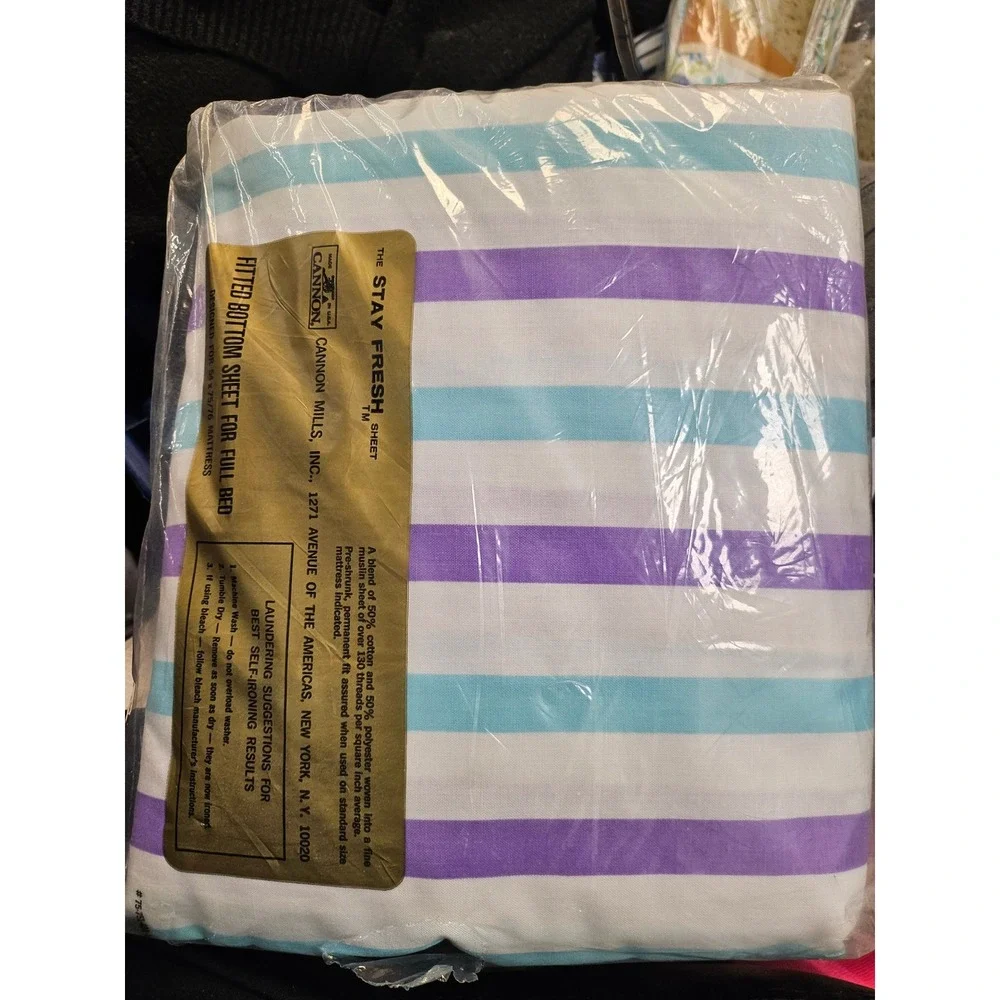 Vintage Cannon Monticello Full Fitted Sheet Striped Blue Purple No-Iron USA Made